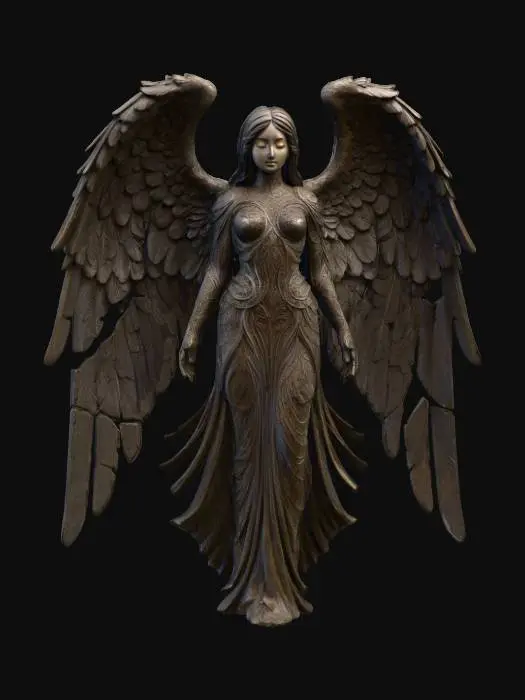 3D model for Highly detailed digital painting of angelic female sculpture, dark fantasy angel of death, beautiful face, made of a dark, weathered stone, possibly obsidian or basalt. She has large, feathered wings that are partially broken and chipped, suggesting age and battles fought. Her face is serene but sorrowful, with eyes that seem to hold ancient secrets. She wears tattered, gothic-style robes that cling to her form. dark and gloomy,  
extreme details ,on neutral mid grey background, studio lighting, dark and gloomy, natural muted colors, lost, , gloomy horror, no weapon, design patterns inspired by HR Giger, utterly disturbing,