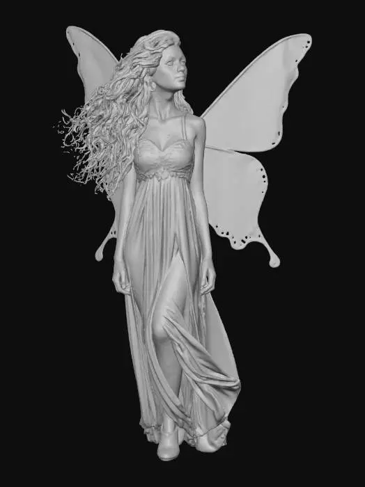 3D model for Ultra detailed realistic fantasy butterfly beautiful fairy character sitting atop dewy  flowers or mushrooms. Long hair flows in the breeze. Realistic ultra high quality textures. Solid infill., extreme details, well lit, masterfully crafted, with a twist of dark fantasy