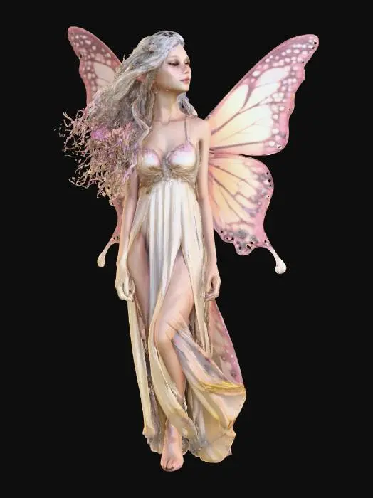 3D model for Ultra detailed realistic fantasy butterfly beautiful fairy character sitting atop dewy  flowers or mushrooms. Long hair flows in the breeze. Realistic ultra high quality textures. Solid infill., extreme details, well lit, masterfully crafted, with a twist of dark fantasy