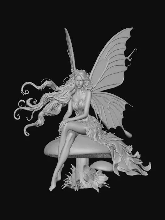 3D model for Ultra detailed realistic fantasy butterfly beautiful fairy character sitting atop dewy  flowers or mushrooms. Long hair flows in the breeze. Realistic ultra high quality textures. natural but vibrant colors, #Thanksgiving#,  extreme details, well lit, masterfully crafted, with a twist of dark fantasy , #Thanksgiving#