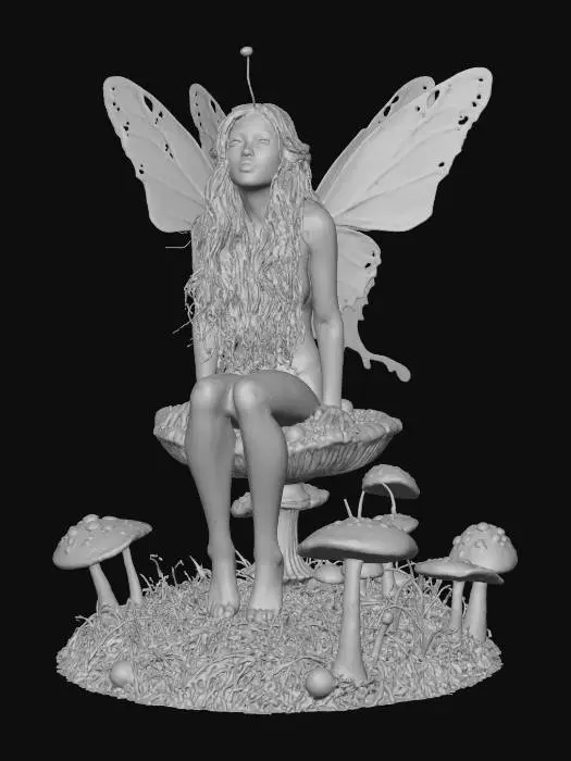 3D model for Ultra detailed realistic fantasy butterfly beautiful fairy character sitting atop dewy  flowers or mushrooms. Long hair flows in the breeze. Realistic ultra high quality textures. Solid infill., extreme details, well lit, masterfully crafted, with a twist of dark fantasy