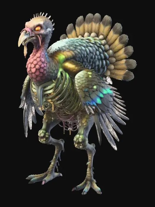 3D model for create an undead rotten wild thanks giving Turkey creature, ultra realistic, well lit, natural but vibrant colors, dark and gloomy, #Thanksgiving#