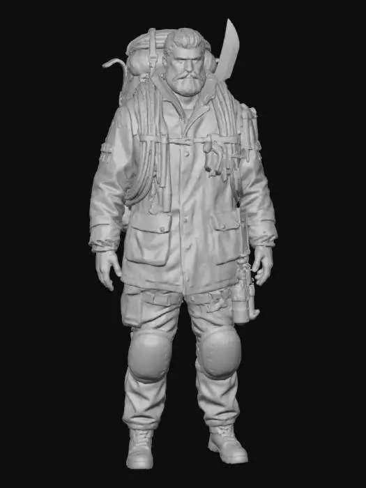 3D model for An ultra realistic, extremly detailed,  contemporary full body  urban survivalist in a heavily customized, heavy oilskin canvas jacket and multi-layered leather knee pads. His backpack is strung with worn aluminum tools and nylon ropes. Deeply sculpted face, rough stubble, and alert eyes. *Requirement: Hyper-realistic, detail-oriented, emphasizing the canvas's waterproofing, the wear of the leather, and the severe weathering of all metal components. on neutral mid grey background #Thanksgiving#
