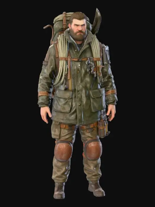 3D model for An ultra realistic, extremly detailed,  contemporary full body  urban survivalist in a heavily customized, heavy oilskin canvas jacket and multi-layered leather knee pads. His backpack is strung with worn aluminum tools and nylon ropes. Deeply sculpted face, rough stubble, and alert eyes. *Requirement: Hyper-realistic, detail-oriented, emphasizing the canvas's waterproofing, the wear of the leather, and the severe weathering of all metal components. on neutral mid grey background #Thanksgiving#