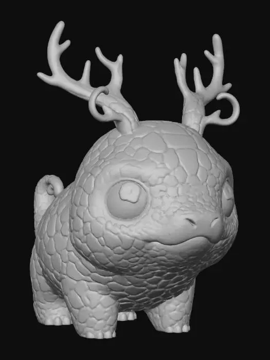 3D model for #Thanksgiving#, super cute chunky  chibi dino alien puppy figurine,  quadruped with long coral like bioluminescent antennas and / or antlers or tentacles , very big cute eyes, adorable,cute harmonic coloring , no fur cute scaly skin with cute wrinkles , stylized look #Thanksgiving#extreme details, well lit, natural, on neutral background