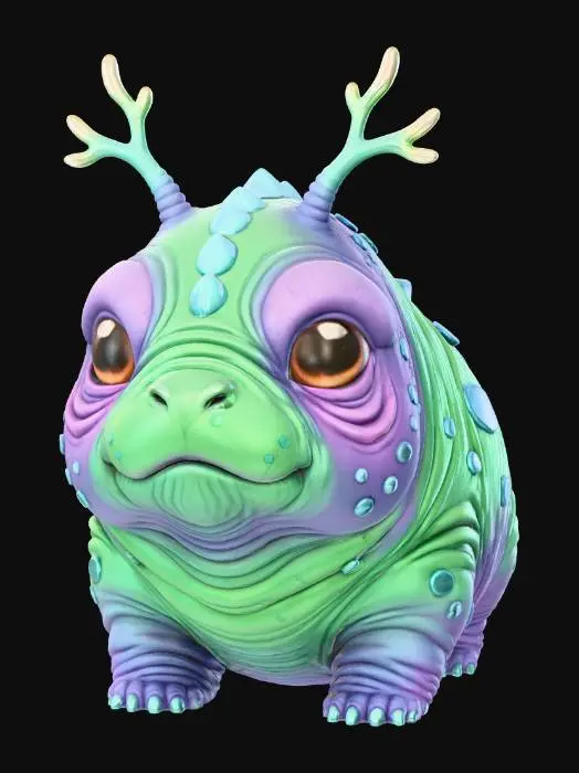 3D model for #Thanksgiving#, super cute chunky  chibi dino alien puppy figurine,  quadruped with long antennas and  or antlers , very big cute eyes, adorable,cute harmonic coloring , no fur cute scaly skin with cute wrinkles , stylized loomk #Thanksgiving#extreme details, well lit, natural, on neutral background