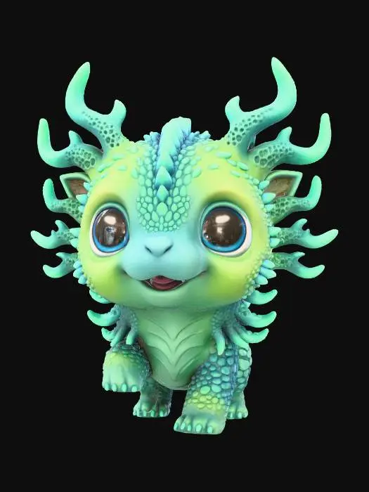3D model for #Thanksgiving#, super cute  chibi dino alien puppy figurine,  quadruped with a lot  long coral like bioluminescent antennas and / or antlers or tentacles , growing from its head and /or back and shoulders, very big cute eyes, big head, adorable, cute harmonic coloring , no fur, cute scaly skin with subtle cute wrinkles , stylized look , natural cute pose, #Thanksgiving# extreme details, well lit, natural, on neutral background