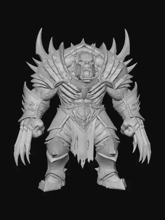 3D model for #Thanksgiving#, Menacing necro orc berserker brute ,  hulking silhouette, battle-hardened. Clad in dark, spiky metal plate armor covering shoulders, chest, arms, legs. Armor has distinct  edges. . distressed textures, this guy has seen a thousand battles, natural colors extreme details ultra realistic, dark fantasy, ultra aggressive, massive wolverine metal claws, aggressive stance mouth wide open showing threatening chaotic teeth,
