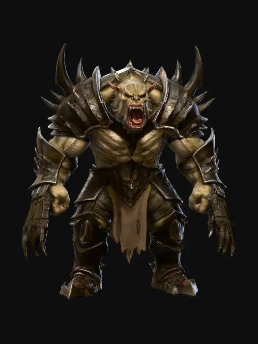 3D model for #Thanksgiving#, Menacing necro orc berserker brute ,  hulking silhouette, battle-hardened. Clad in dark, spiky metal plate armor covering shoulders, chest, arms, legs. Armor has distinct  edges. . distressed textures, this guy has seen a thousand battles, natural colors extreme details ultra realistic, dark fantasy, ultra aggressive, massive wolverine metal claws, aggressive stance mouth wide open showing threatening chaotic teeth,