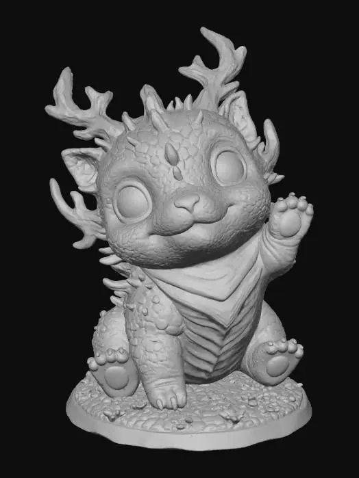 3D model for #Thanksgiving#, super cute  chibi dino alien puppy figurine,  quadruped with a lot  long coral like bioluminescent antennas and / or antlers , growing from its head and /or back and shoulders, very big cute eyes, big head, adorable, cute harmonic coloring slightly vibrant , no fur, cute scaly skin with subtle cute wrinkles , stylized look , cute pose, #Thanksgiving# extreme details, well lit, natural, on neutral background