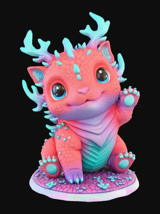 3D model for #Thanksgiving#, super cute  chibi dino alien puppy figurine,  quadruped with a lot  long coral like bioluminescent antennas and / or antlers , growing from its head and /or back and shoulders, very big cute eyes, big head, adorable, cute harmonic coloring slightly vibrant , no fur, cute scaly skin with subtle cute wrinkles , stylized look , cute pose, #Thanksgiving# extreme details, well lit, natural, on neutral background