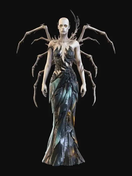 3D model for #Thanksgiving#, full body shot of a a female demoness, bony branches like dark insect limbs are growing from her shoulders and her back, she looks sexy but at the same time disturbing, and spooky, glowing in an unholy, eerie light, she wears a body hugging dress made from black shards of broken glass or carbon, clinging to her perfectly shaped curves, natural colors, dark scfi fantasy, glowing eyes, pale muted colors, distressed textures, Highly Detailed, Ultra Realistic, well lit, in the style of HR Giger and Zdzisław Beksiński , character concept, extreme details, utterly beautiful but disturbing, on light grey background