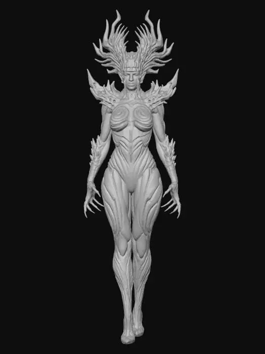 3D model for #Thanksgiving#, full body shot of a beautiful  demon queen wearing a huge and headdress featuring black shards  in a harmonic arrangement, also growing from her shoulders, and bio organic patterns heavily inspired by HR Giger, a real queen of Darkness,  , dark and gloomy scifi fashion queen on neutral  light gray background, tight, slick  body hugging sci fi bio suit, cyber punk, faux leather, high heeled boots, extreme details, well lit , epic stance, hands end in long claws, slightly kerrigan inspired