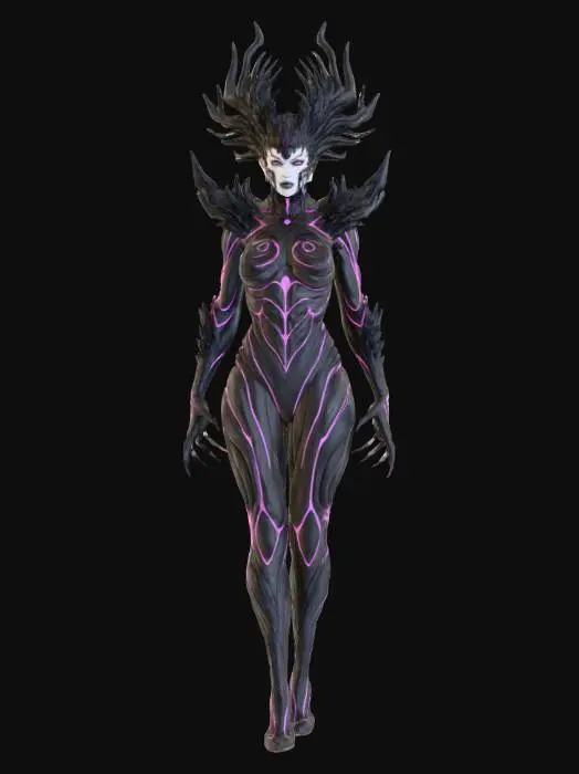 3D model for #Thanksgiving#, full body shot of a beautiful  demon queen wearing a huge and headdress featuring black shards  in a harmonic arrangement, also growing from her shoulders, and bio organic patterns heavily inspired by HR Giger, a real queen of Darkness,  , dark and gloomy scifi fashion queen on neutral  light gray background, tight, slick  body hugging sci fi bio suit, cyber punk, faux leather, high heeled boots, extreme details, well lit , epic stance, hands end in long claws, slightly kerrigan inspired