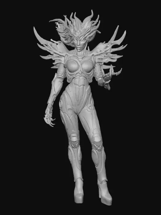 3D model for #Thanksgiving#, full body shot of a beautiful  demon queen wearing a huge and headdress featuring black shards  in a harmonic arrangement, also growing from her shoulders, and bio organic patterns heavily inspired by HR Giger, a real queen of Darkness,  , dark and gloomy scifi fashion queen on neutral  light gray background, tight, slick  body hugging sci fi bio suit, cyber punk, faux leather, high heeled boots, extreme details, well lit , epic stance, hands end in long claws, slightly kerrigan inspired