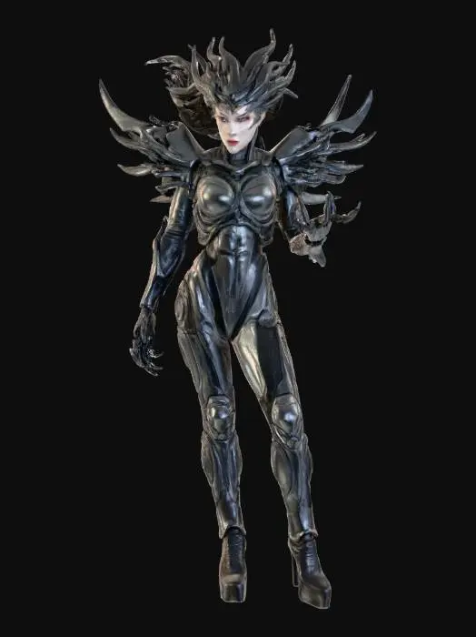 3D model for #Thanksgiving#, full body shot of a beautiful  demon queen wearing a huge and headdress featuring black shards  in a harmonic arrangement, also growing from her shoulders, and bio organic patterns heavily inspired by HR Giger, a real queen of Darkness,  , dark and gloomy scifi fashion queen on neutral  light gray background, tight, slick  body hugging sci fi bio suit, cyber punk, faux leather, high heeled boots, extreme details, well lit , epic stance, hands end in long claws, slightly kerrigan inspired
