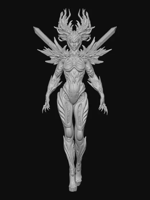 3D model for #Thanksgiving#, full body shot of a beautiful  demon queen wearing a huge and headdress featuring black shards  in a harmonic arrangement, also growing from her shoulders, and bio organic patterns heavily inspired by HR Giger, a real queen of Darkness,  , dark and gloomy scifi fashion queen on neutral  light gray background, tight, slick  body hugging sci fi bio suit, cyber punk, faux leather, high heeled boots, extreme details, well lit , epic stance, hands end in long claws, slightly kerrigan inspired
