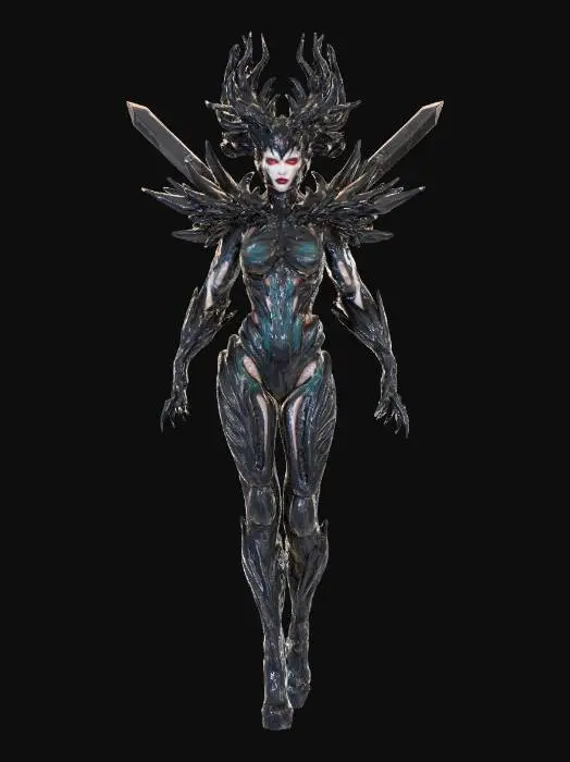 3D model for #Thanksgiving#, full body shot of a beautiful  demon queen wearing a huge and headdress featuring black shards  in a harmonic arrangement, also growing from her shoulders, and bio organic patterns heavily inspired by HR Giger, a real queen of Darkness,  , dark and gloomy scifi fashion queen on neutral  light gray background, tight, slick  body hugging sci fi bio suit, cyber punk, faux leather, high heeled boots, extreme details, well lit , epic stance, hands end in long claws, slightly kerrigan inspired