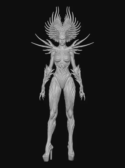 3D model for #Thanksgiving#, full body shot of a beautiful  demon queen wearing a huge and headdress featuring black shards  in a harmonic arrangement, also growing from her shoulders, and bio organic patterns heavily inspired by HR Giger, a real queen of Darkness,  , dark and gloomy scifi fashion queen on neutral  light gray background, tight, slick  body hugging sci fi bio suit, cyber punk, faux leather, high heeled boots, extreme details, well lit , epic stance, hands end in long claws, slightly kerrigan inspired