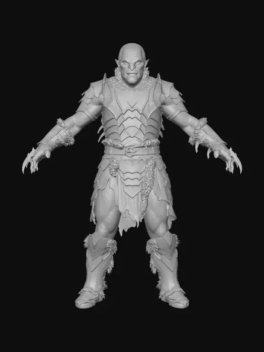 3D model for ultra realistic, full body, lord of the rings feral mordor orc  berserker, lotr style, extreme details, , a brutal and fierce warrior, Natural A-Pose, neutral gray background, no weapons, distressed textures, battle worn and menacing, dark layered plate armor, pale skin, tribal, tattoos, glowing eyes, fingers end in claws, aggressive stance, photo realistic look, professional lighting