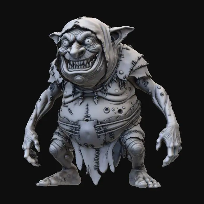 3D model for a grey chavant figurine of a hideous, obese,  cave goblin wearing a big rugged d.i.y. hood, and rough tribal leather d.i.y. attire stitched together with rough leather  strings,   ultra realistic, natural dynamic a pose, extreme details, on neutral mid grey background, studio lighting, exaggerated proportions, long arms, big head and feet, big eyes, wide mouth full of chaotic irregular teeth, evil grin, insane look in his eyes, gnarly look and feel, utterly ugly , infected wrinkly skin covered with blisters, warts and scars,