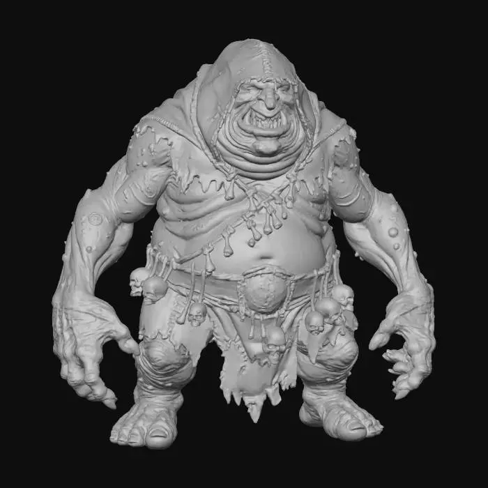 3D model for a grey chavant figurine of amassive, hulking  hideous, obese, fat and disgusting  cave troll wearing a huge rugged d.i.y. hood shadows his face, and rough tribal leather d.i.y. attire stitched together with rough leather  strings,  human bones and skulls are hanging from his belt,  ultra realistic, natural dynamic a pose, extreme details, on neutral mid grey background, studio lighting, exaggerated proportions, long arms, big head and feet, big eyes, wide mouth full of chaotic irregular teeth, evil grin, greedy look in his eyes, gnarly look and feel, utterly ugly , infected wrinkly skin covered with blisters, warts, utterly fat and obese, high frequency details on skin