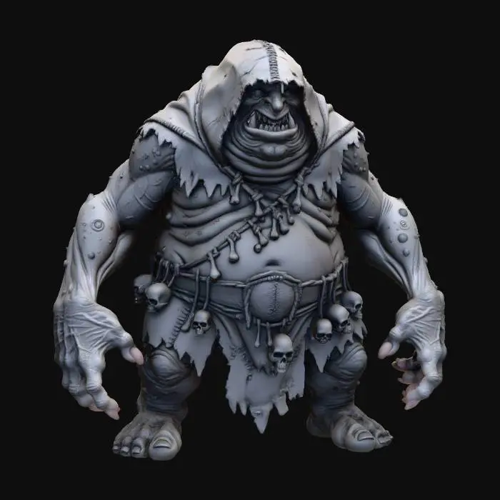 3D model for a grey chavant figurine of amassive, hulking  hideous, obese, fat and disgusting  cave troll wearing a huge rugged d.i.y. hood shadows his face, and rough tribal leather d.i.y. attire stitched together with rough leather  strings,  human bones and skulls are hanging from his belt,  ultra realistic, natural dynamic a pose, extreme details, on neutral mid grey background, studio lighting, exaggerated proportions, long arms, big head and feet, big eyes, wide mouth full of chaotic irregular teeth, evil grin, greedy look in his eyes, gnarly look and feel, utterly ugly , infected wrinkly skin covered with blisters, warts, utterly fat and obese, high frequency details on skin