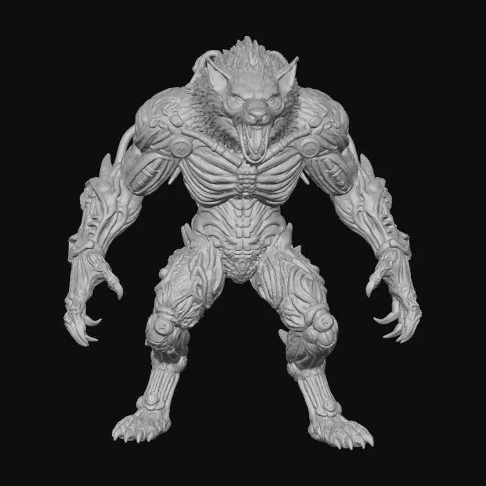 3D model for a full body clay or chavant figurine of a lava cyborg werewolf berserker ultra realistic, natural A Pose, extreme details ,on neutral mid grey background, studio lighting, dark and gloomy, natural muted colors, lost, , gloomy horror, no weapon, design patterns inspired by HR Giger, utterly disturbing, massive claws, mouth is wide open showing threatening teeth, aggressive and menacing, a massive feral mech half mechanical war beast