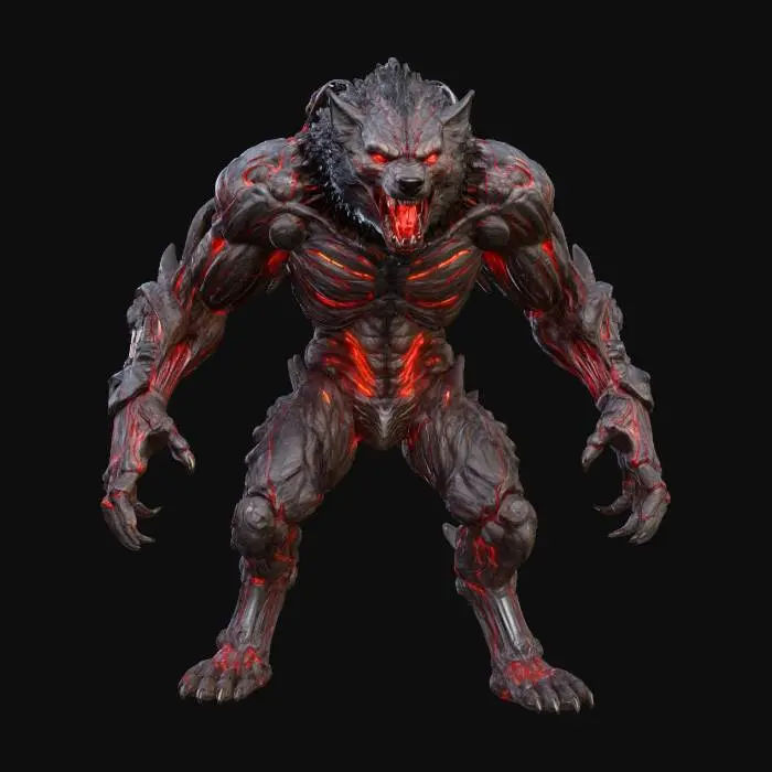 3D model for a full body clay or chavant figurine of a lava cyborg werewolf berserker ultra realistic, natural A Pose, extreme details ,on neutral mid grey background, studio lighting, dark and gloomy, natural muted colors, lost, , gloomy horror, no weapon, design patterns inspired by HR Giger, utterly disturbing, massive claws, mouth is wide open showing threatening teeth, aggressive and menacing, a massive feral mech half mechanical war beast