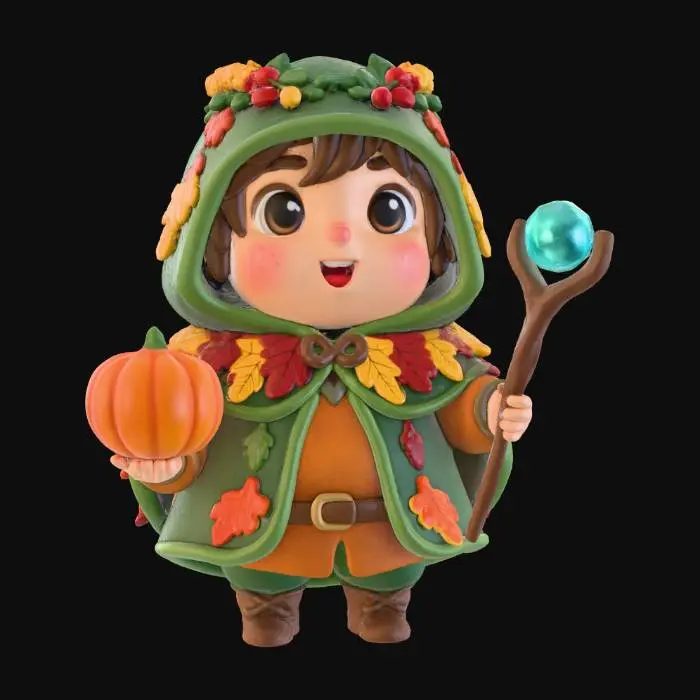 3D model for #Thanksgiving#, create a stylized cute hooded medieval thanks giving chibi druid, stylized, well lit, natural but vibrant colors, on decent neutral background #Thanksgiving#