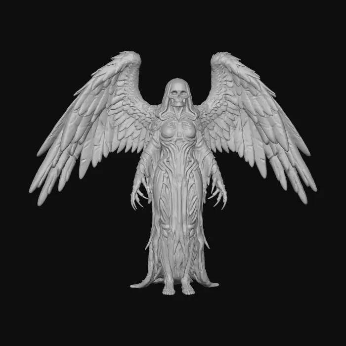 3D model for #Thanksgiving#, Highly detailed full body ultra realistic a female, dark angel of death, beautiful curves,  skull head face, ,  She has large, feathered wings that are chipped, spread wide  suggesting age and battles fought.  with hollow  eyes that seem to hold ancient secrets. She wears tattered, gothic-style robes that cling to her perfect body dark and gloomy,  sexy but disturbing at the same time
extreme details ,on neutral mid grey background, studio lighting, dark and gloomy, natural muted colors, lost, , gloomy horror, no weapon, design patterns inspired by HR Giger, slight xeno influences, utterly disturbing, very long claws. natural  pose
