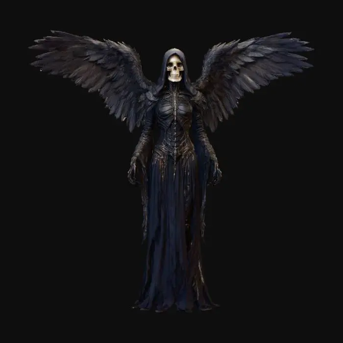 3D model for #Thanksgiving#, Highly detailed full body ultra realistic a female, dark angel of death, beautiful curves,  skull head face, ,  She has large, feathered wings that are chipped, spread wide  suggesting age and battles fought.  with hollow  eyes that seem to hold ancient secrets. She wears tattered, gothic-style robes that cling to her perfect body dark and gloomy,  sexy but disturbing at the same time
extreme details ,on neutral mid grey background, studio lighting, dark and gloomy, natural muted colors, lost, , gloomy horror, no weapon, design patterns inspired by HR Giger, slight xeno influences, utterly disturbing, very long claws. natural  pose