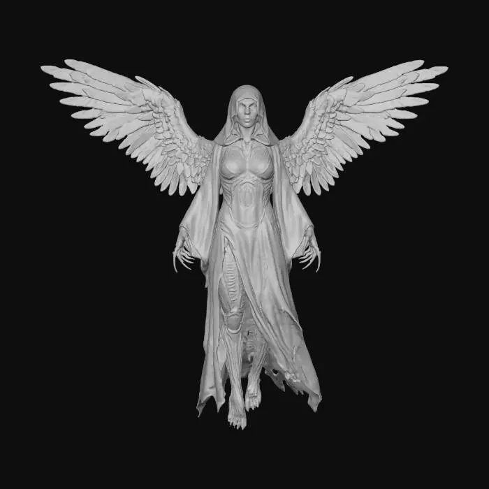 3D model for #Thanksgiving#, Highly detailed full body ultra realistic a female, dark angel of death, beautiful curves,  beautiful evil and sinister face with a demonic twist,, ,  She has large, feathered wings that are chipped, spread wide  suggesting age and battles fought.  with hollow  eyes that seem to hold ancient secrets. She wears tattered, thin black shiny robes robes that cling to her perfect body dark and gloomy,  sexy but disturbing at the same time
extreme details ,on neutral mid grey background, perfect studio lighting, dark and gloomy, natural muted colors, lost, , gloomy horror, no weapon, design patterns inspired by HR Giger, slight xeno influences, utterly disturbing, very long claws. slightly natural  pose , eerie glowing eyes, slightly floating