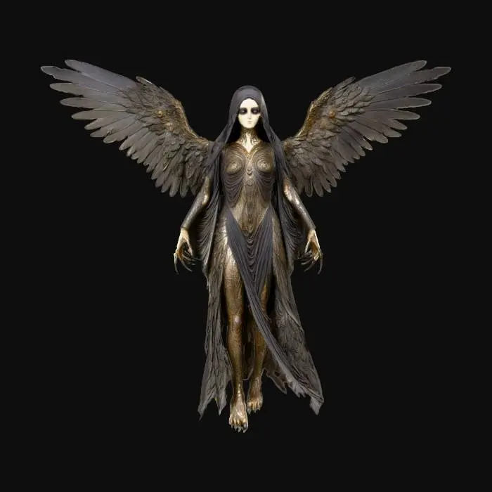 3D model for #Thanksgiving#, Highly detailed full body ultra realistic a female, dark angel of death, beautiful curves,  beautiful evil and sinister face with a demonic twist,, ,  She has large, feathered wings that are chipped, spread wide  suggesting age and battles fought.  with hollow  eyes that seem to hold ancient secrets. She wears tattered, thin black shiny robes robes that cling to her perfect body dark and gloomy,  sexy but disturbing at the same time
extreme details ,on neutral mid grey background, perfect studio lighting, dark and gloomy, natural muted colors, lost, , gloomy horror, no weapon, design patterns inspired by HR Giger, slight xeno influences, utterly disturbing, very long claws. slightly natural  pose , eerie glowing eyes, slightly floating