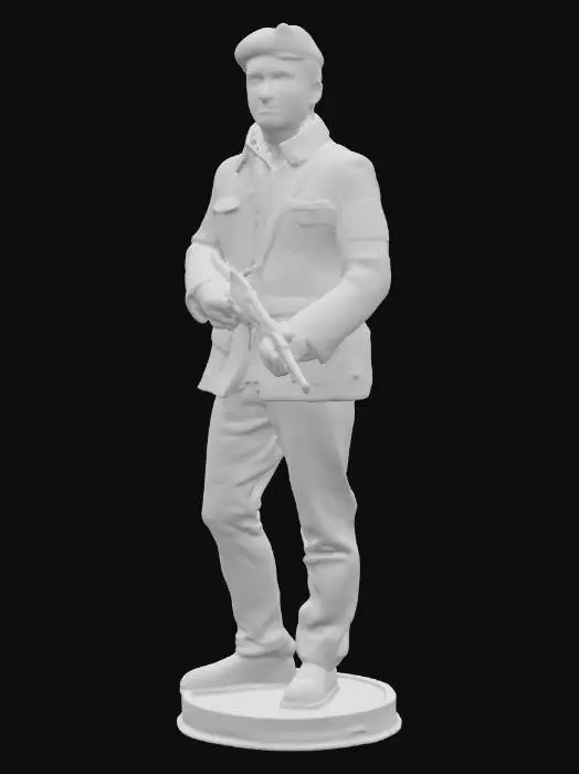 3D model for A highly detailed miniature figurine of a French Resistance fighter (WWII era). The character wears civilian clothing: wool jacket, shirt, trousers, leather shoes, and a beret. On the left arm is a white armband with blue letters "F.F.I." and a red stripe. The fighter holds a vintage bolt-action rifle with leather strap. Style should resemble a hand-painted scale model (1:35), with visible textures, folds, and weathering. The figurine is standing on a small round base, isolated on a black background. Neutral pose, no environment.
