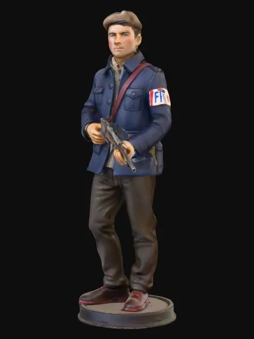 3D model for A highly detailed miniature figurine of a French Resistance fighter (WWII era). The character wears civilian clothing: wool jacket, shirt, trousers, leather shoes, and a beret. On the left arm is a white armband with blue letters "F.F.I." and a red stripe. The fighter holds a vintage bolt-action rifle with leather strap. Style should resemble a hand-painted scale model (1:35), with visible textures, folds, and weathering. The figurine is standing on a small round base, isolated on a black background. Neutral pose, no environment.