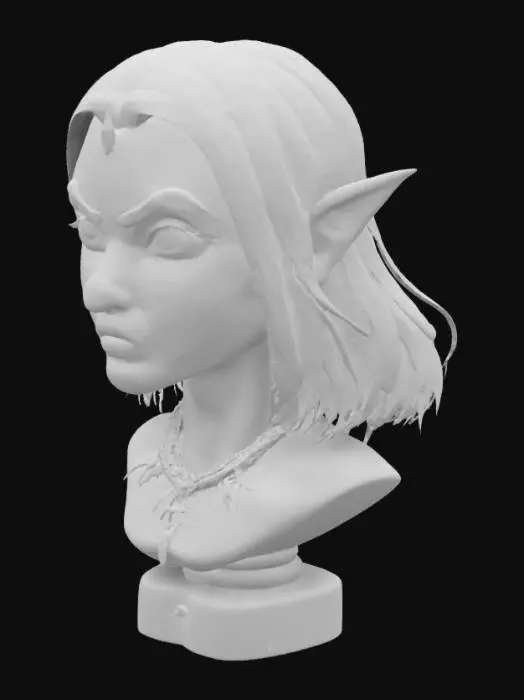 3D model for A stylized 3D-rendered bust of a fierce female character with sharp, angular features, deep-set eyes, and shoulder-length dark hair. She has cyan green tribal face paint that add depth and mystery to his appearance. The tribal face paint enhance her confident expression. She wears a tribal necklace. The art style is semi-realistic with a painterly, sculpted look, featuring smooth shading and soft lighting.