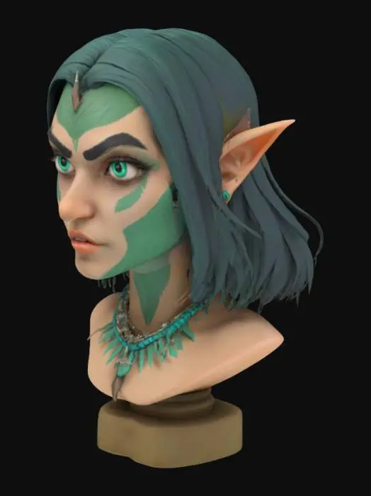 3D model for A stylized 3D-rendered bust of a fierce female character with sharp, angular features, deep-set eyes, and shoulder-length dark hair. She has cyan green tribal face paint that add depth and mystery to his appearance. The tribal face paint enhance her confident expression. She wears a tribal necklace. The art style is semi-realistic with a painterly, sculpted look, featuring smooth shading and soft lighting.