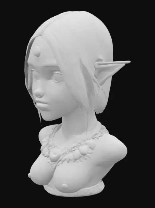 3D model for A stylized 3D-rendered bust of a fierce female character with sharp, angular features, deep-set eyes, and shoulder-length black hair. She has cyan green tribal face paint that add depth and mystery to his appearance. The tribal face paint enhance her confident expression. She wears a tribal necklace and a tunic. The art style is semi-realistic with a painterly, sculpted look, featuring smooth shading and soft lighting.