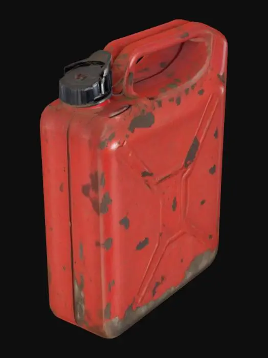 3D model for red gasoline cannister made of old worn metal with a black cap and an x shaped indentation