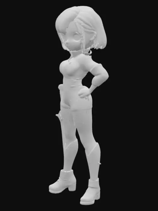 3D model for 一个造型流畅的女性卡通人物,拥有曲线优美的身形和一头精致的短发,面部表情自信而迷人。她的皮肤光滑,色泽均匀。身着一套剪裁得体的黑色服装,材质可能呈现出光滑的皮革、富有弹性的氨纶或柔软的丝绸质感,巧妙地勾勒出人物的轮廓。手中握着一把风格化的武器,其表面光洁,材质可能为反光的金属或磨砂的复合材料,整体姿态充满力量感与吸引力。