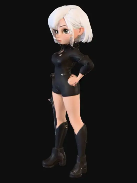 3D model for 一个造型流畅的女性卡通人物,拥有曲线优美的身形和一头精致的短发,面部表情自信而迷人。她的皮肤光滑,色泽均匀。身着一套剪裁得体的黑色服装,材质可能呈现出光滑的皮革、富有弹性的氨纶或柔软的丝绸质感,巧妙地勾勒出人物的轮廓。手中握着一把风格化的武器,其表面光洁,材质可能为反光的金属或磨砂的复合材料,整体姿态充满力量感与吸引力。