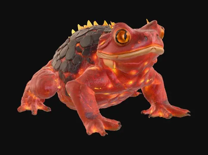 3D model for Ultra-realistic monstrous fire toad, hyper-detailed textures, charred stone skin glowing with magma cracks, molten ember eyes, dripping lava from mouth, cinematic creature design, high poly sculpt, photoreal VFX style.
