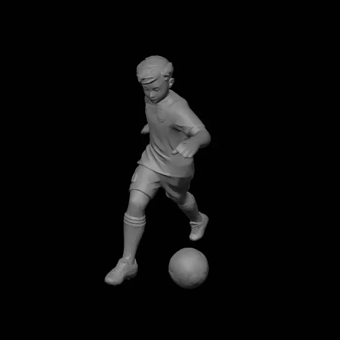 3D model for Ultra-realistic cinematic 3D rebuild of a 2D teenage football player concept inspired by the uploaded Villa United sunset badge aesthetic. Create a fully original under-16 male soccer athlete (13–15 years old), lean adolescent proportions, dynamic right-foot strike pose, focused expression, realistic sweat, dirt, grass stains, detailed pores, damp hair strands, accurate anatomy and cloth simulation. Uniform uses purple-to-orange gradient inspired by the crest colors with geometric sunset striping, no trademarks, logos, sponsor text, or copyrighted branding. Evening stadium with golden rim light, cool fill, volumetric haze, shallow DOF, 85mm lens, cinematic 2.39:1 framing, subtle motion blur on limbs while face stays razor sharp. PBR skin, realistic fabric weave, muddy cleats, filmic ACES g