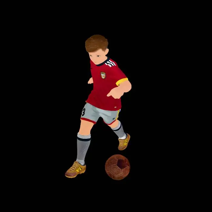 3D model for Ultra-realistic cinematic 3D rebuild of a 2D teenage football player concept inspired by the uploaded Villa United sunset badge aesthetic. Create a fully original under-16 male soccer athlete (13–15 years old), lean adolescent proportions, dynamic right-foot strike pose, focused expression, realistic sweat, dirt, grass stains, detailed pores, damp hair strands, accurate anatomy and cloth simulation. Uniform uses purple-to-orange gradient inspired by the crest colors with geometric sunset striping, no trademarks, logos, sponsor text, or copyrighted branding. Evening stadium with golden rim light, cool fill, volumetric haze, shallow DOF, 85mm lens, cinematic 2.39:1 framing, subtle motion blur on limbs while face stays razor sharp. PBR skin, realistic fabric weave, muddy cleats, filmic ACES g