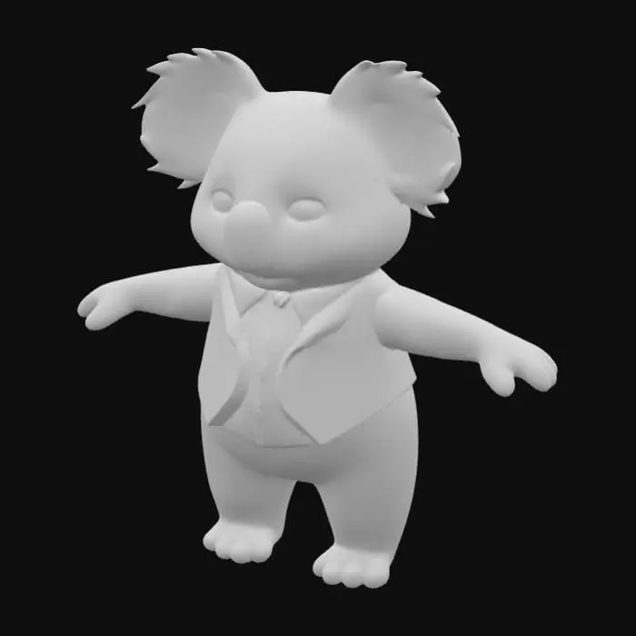 3D model for A 3D animated male koala character, in the visual style of Pixar or Sony Animation. The koala is in T-pose, arms stretched sideways, legs slightly apart, designed for rigging. He wears a dress shirt and a closed vest like a suit jacket, no pants. Fur short and smooth, close to the body, stylized and clean, cartoon shading. Full body, white background, symmetrical, professional animation character design.
