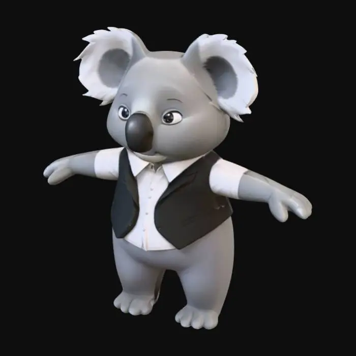 3D model for A 3D animated male koala character, in the visual style of Pixar or Sony Animation. The koala is in T-pose, arms stretched sideways, legs slightly apart, designed for rigging. He wears a dress shirt and a closed vest like a suit jacket, no pants. Fur short and smooth, close to the body, stylized and clean, cartoon shading. Full body, white background, symmetrical, professional animation character design.
