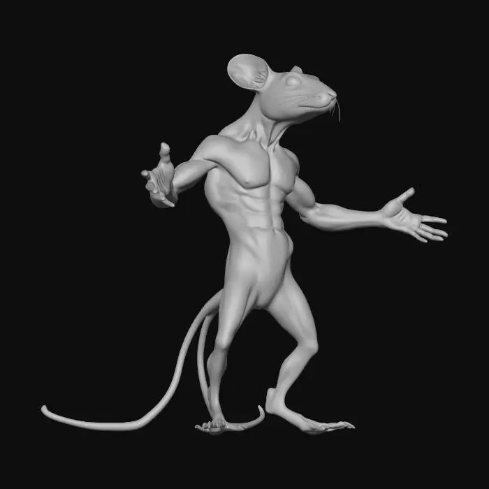 3D model for Personagem antropomórfico em pose T rigorosa, braços estendidos horizontalmente, pernas afastadas na largura dos ombros. Corpo humano extremamente musculoso no tronco, peitoral largo, ombros e braços bem definidos, abdômen marcado, porém com pernas visivelmente finas e longas, criando um contraste anatômico proposital. Cabeça de rato realista, com focinho alongado, bigodes delicados, olhos atentos e orelhas grandes e arredondadas, mantendo proporções naturais do animal. A junção entre cabeça e corpo deve ser limpa e anatômica, sem roupas ou acessórios, foco total na estrutura corporal. Iluminação neutra de estúdio, fundo simples, estilo realista com alto nível de detalhes, ideal para modelagem 3D, escultura digital ou estudo anatômico técnico.