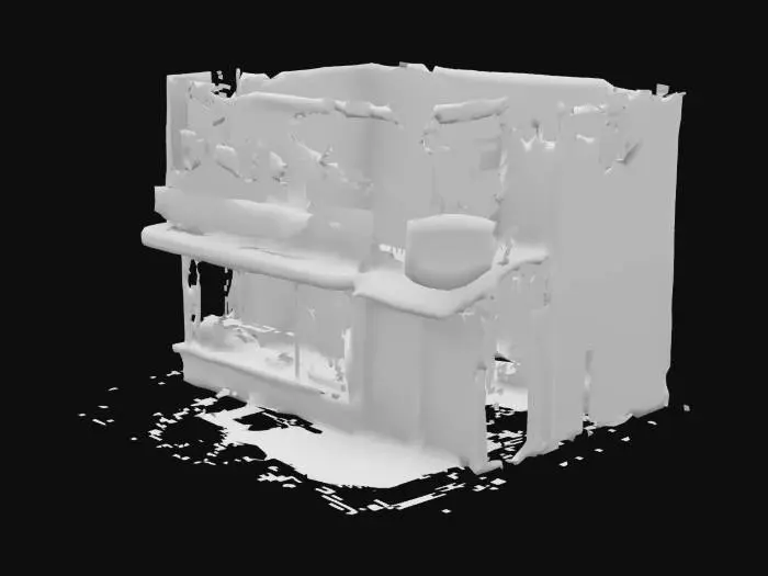 3D model for 汉堡店外观：破旧的店面，闪烁的霓虹灯。呈现恐怖的感觉。汉堡店里面有厨房，垃圾桶，厕所厨房里有一个绞肉机。