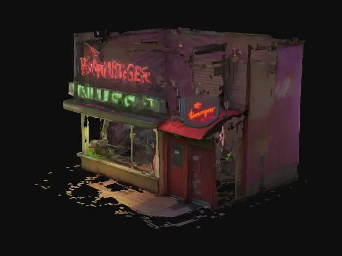 3D model for 汉堡店外观：破旧的店面，闪烁的霓虹灯。呈现恐怖的感觉。汉堡店里面有厨房，垃圾桶，厕所厨房里有一个绞肉机。